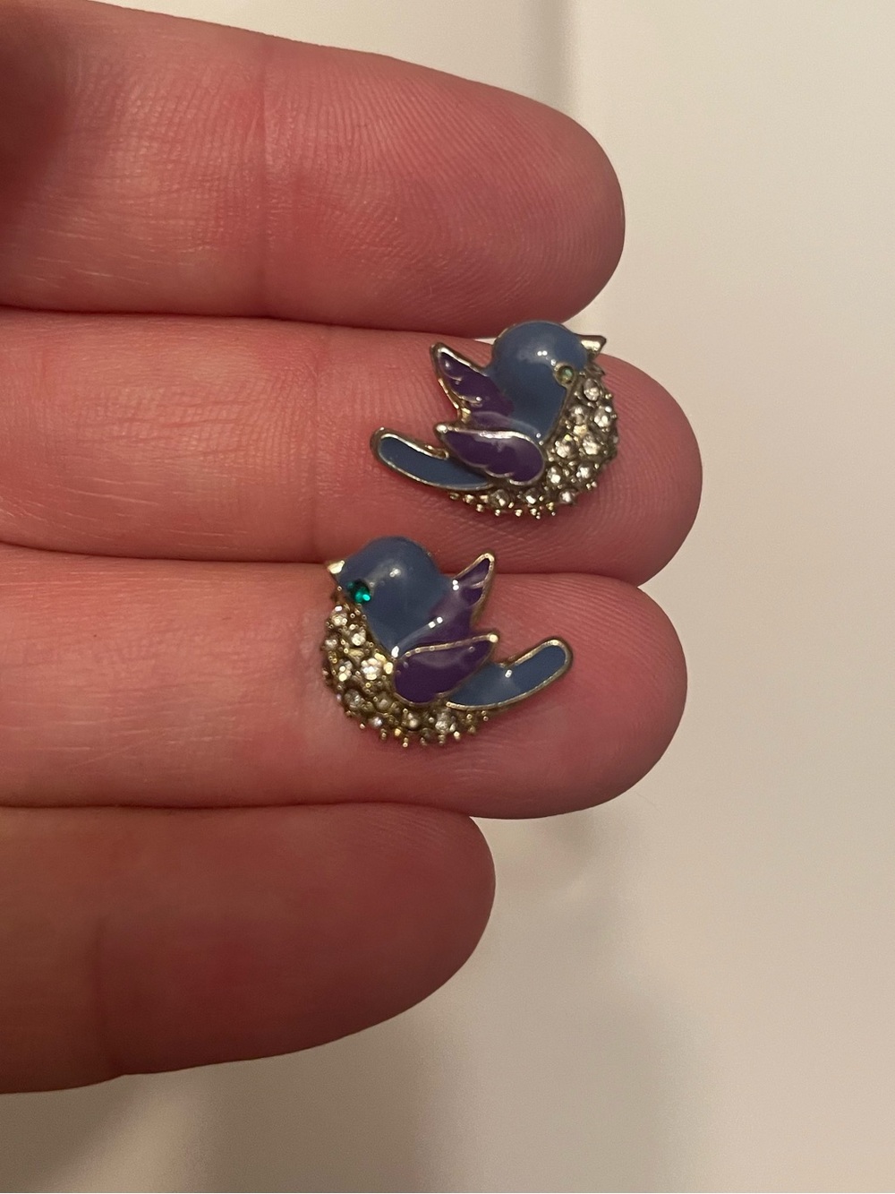 Betsey Johnson Blue and Purple Enamel Bird Stud Earrings